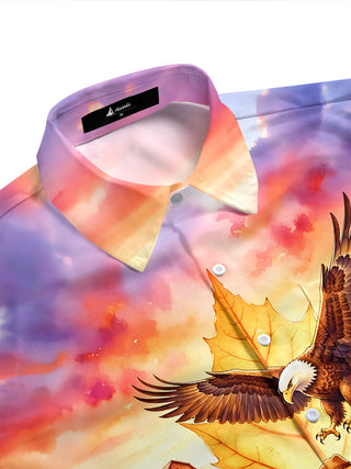 Adaychic Men's Short Sleeve Shirt - Autumn Maple Leaf With Eagle And Scarecrow Print with Chest Pocket