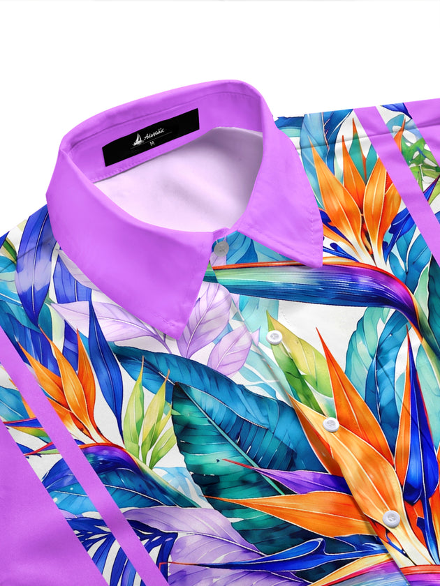 Adaychic Men's Short Sleeve Shirt - Bird Of Paradise Flowers And Tropical Leaves Print with Chest Pocket