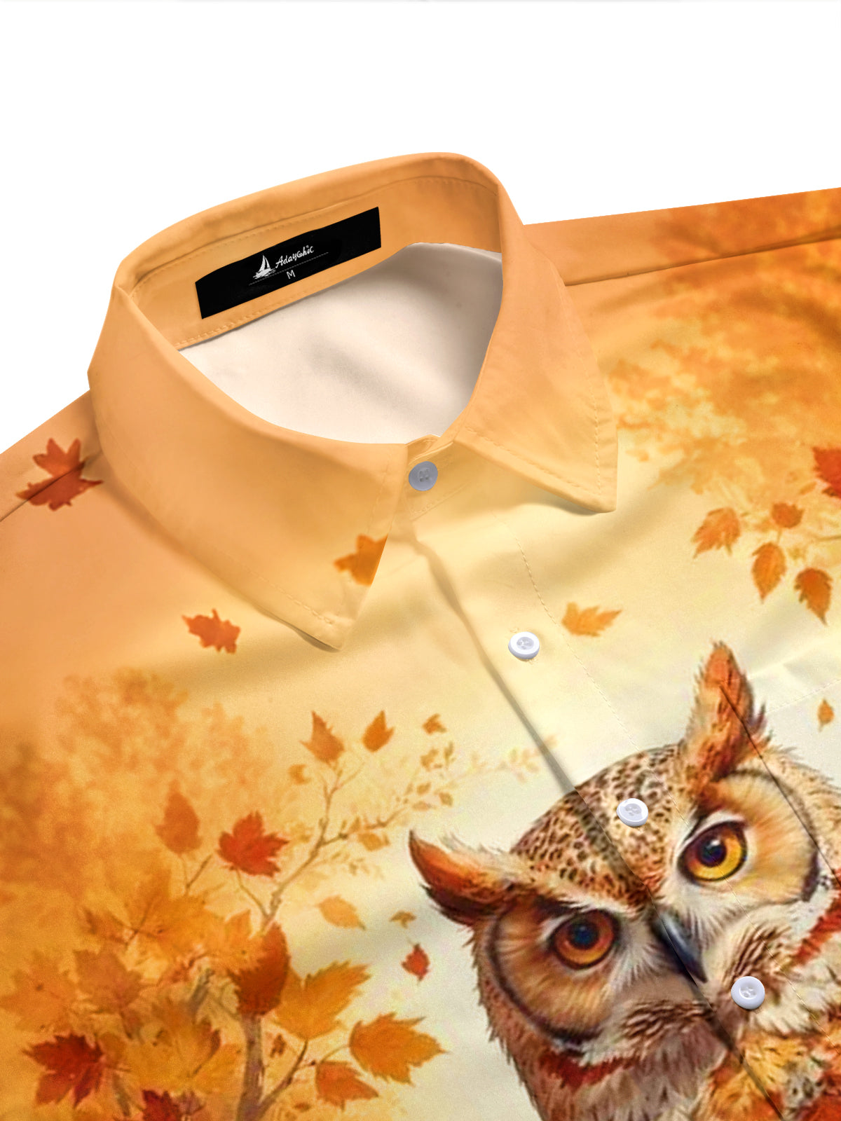 Adaychic Men's Graphic Autumn Owl Print Maple Leaves Print Short Sleeve Shirt with Chest Pocket