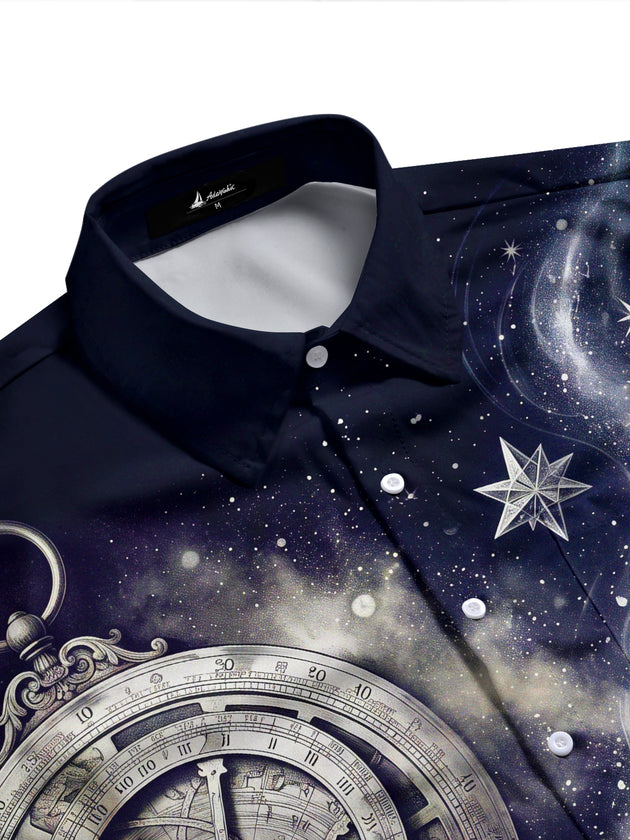 Adaychic Men's Vintage Astrolabe And Star Map Print Long Sleeve Shirt with Chest Pocket