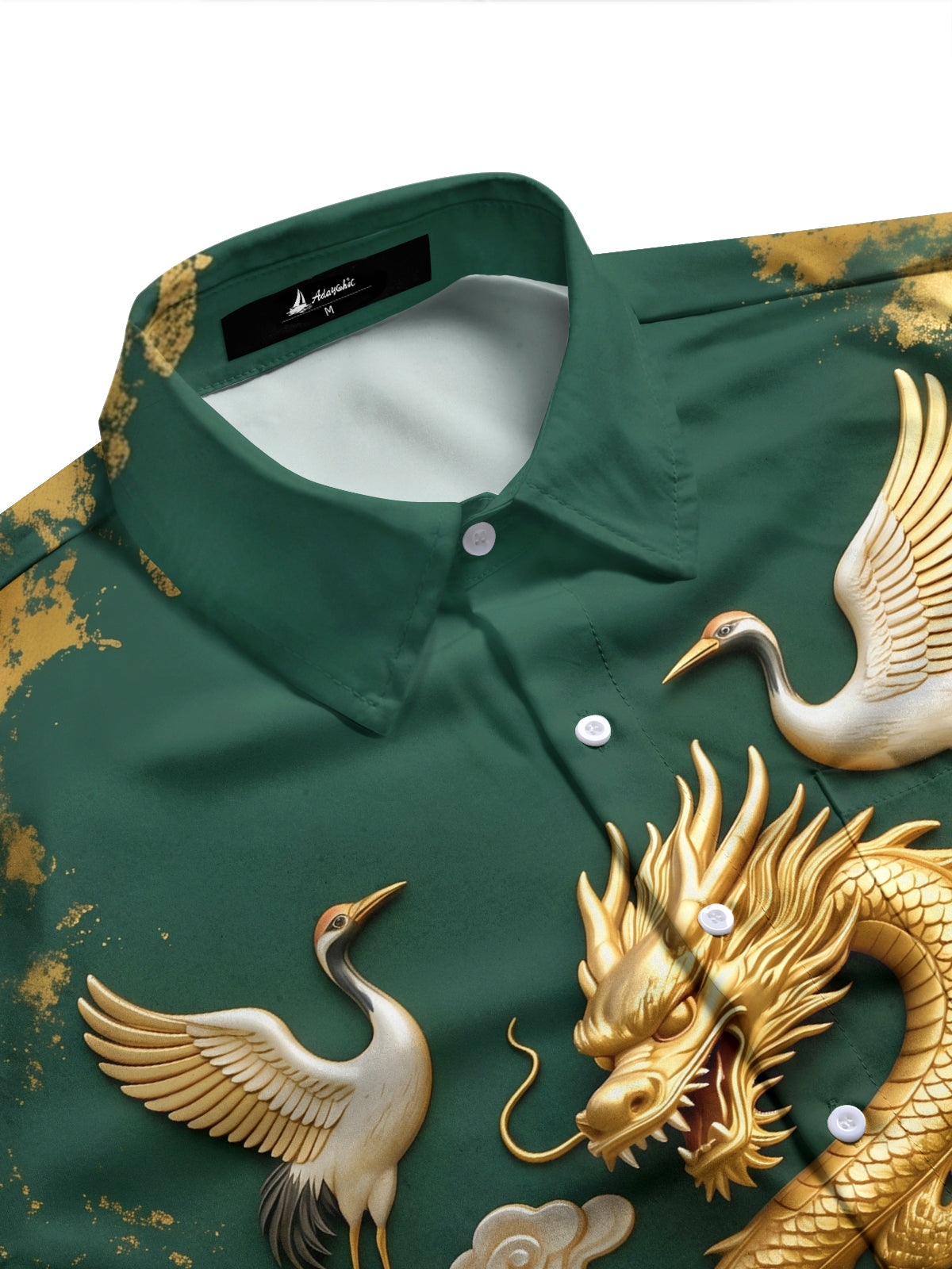 Adaychic Men's 3D Golden Dragon And Cranes Print Long Sleeve Shirt with Chest Pocket