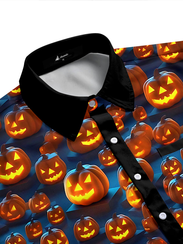 Adaychic Men's Graphic Halloween Jack-o-lantern Print Short Sleeve Shirt with Chest Pocket