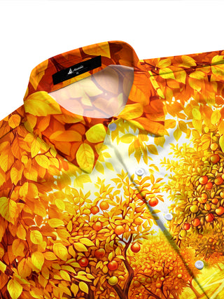 Adaychic Men's Long Sleeve Shirt - Autumn Orchard Path With Apples And Pumpkins Print with Chest Pocket