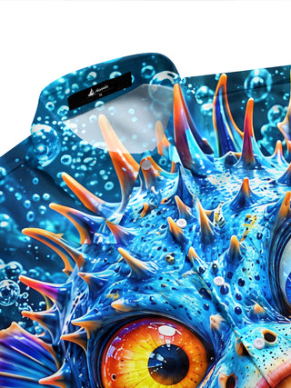 Adaychic Men's Hawaiian Funny Puffer Fish With Bubbles Print Short Sleeve Shirt with Chest Pocket