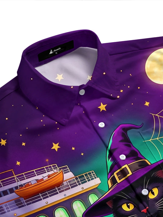 Adaychic Men's Graphic Halloween Black Cat And Spider Print Short Sleeve Shirt with Chest Pocket