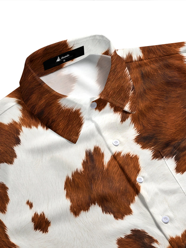 Adaychic Men's Patterned Cow Print Cowhide Pattern Short Sleeve Shirt with Chest Pocket