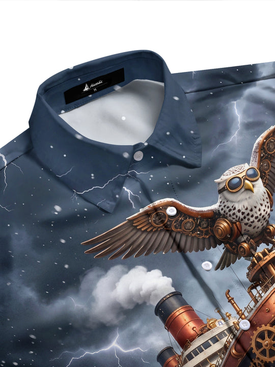 Adaychic Men's Long Sleeve Shirt - Steampunk Owl And Steamship With Christmas Stockings Print with Chest Pocket