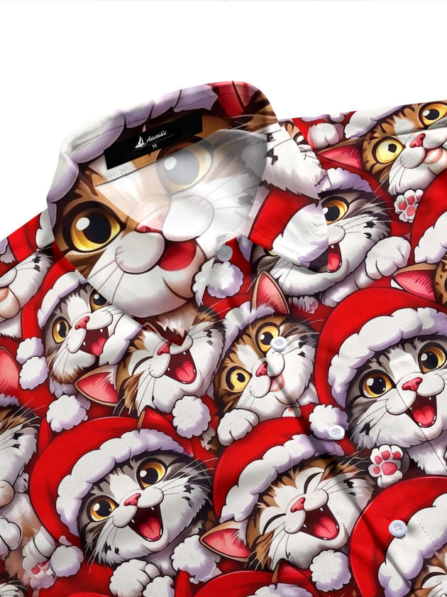 Adaychic Men's Graphic Cats Wearing Santa Hats Print Long Sleeve Shirt with Chest Pocket