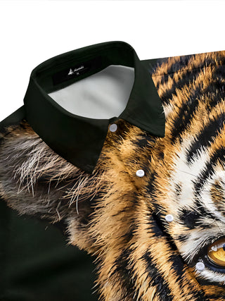 Adaychic Men's Hawaiian Tiger Face Print Short Sleeve Shirt with Chest Pocket
