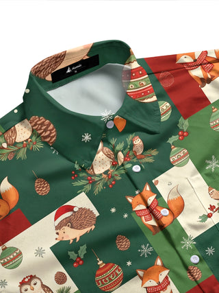 Adaychic Men's Forest Animals And Christmas Ornaments Print Long Sleeve Shirt with Chest Pocket