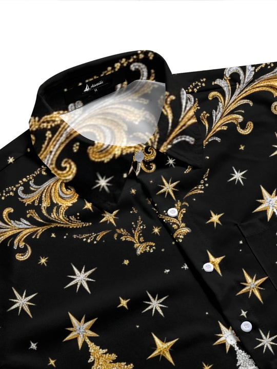 Adaychic Men's Christmas Sleigh And Christmas Trees Print Short Sleeve Shirt with Chest Pocket