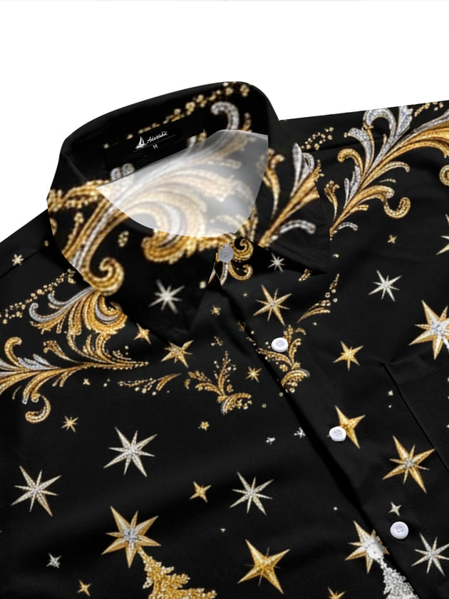 Adaychic Men's Christmas Sleigh And Christmas Trees Print Short Sleeve Shirt with Chest Pocket