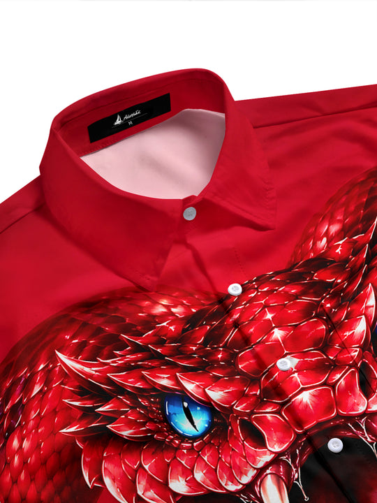 Adaychic Men's Graphic Red Snake Head Print Blue Eyes Print Short Sleeve Shirt with Chest Pocket