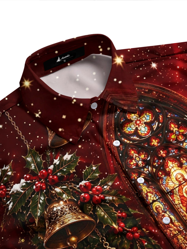Adaychic Men's Long Sleeve Shirt - Christmas Gothic Stained Glass Window And Religious Figures Print with Chest Pocket