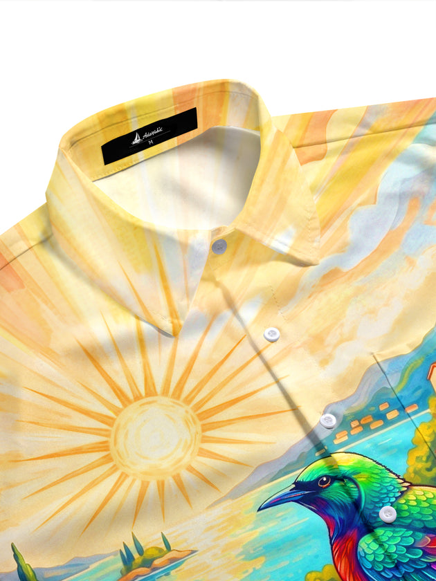 Adaychic Men's Hawaiian Colorful Bird Print Short Sleeve Shirt with Chest Pocket