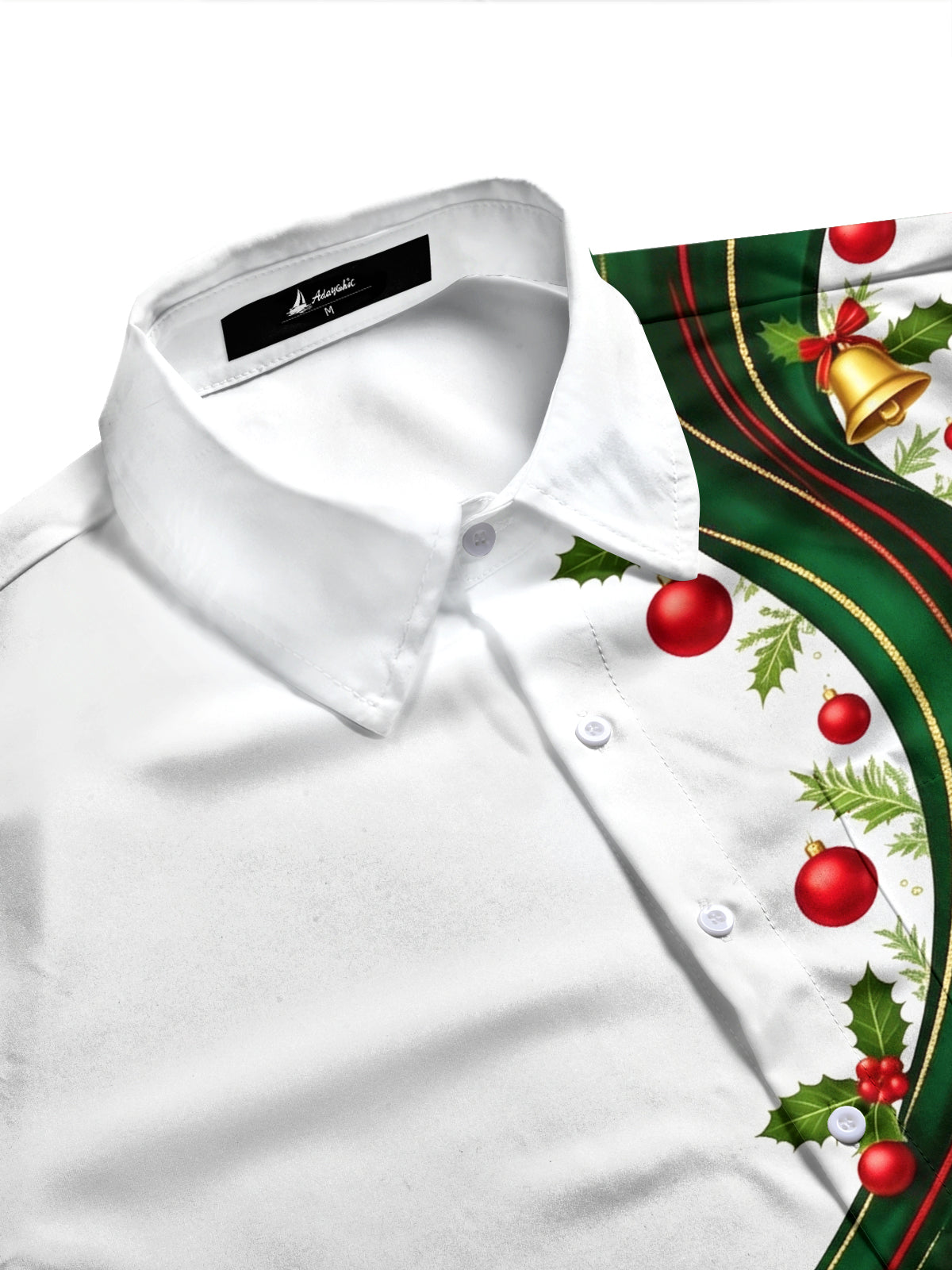 Adaychic Men's Long Sleeve Shirt - Christmas Ribbon With Bells And Ornaments Print with Chest Pocket
