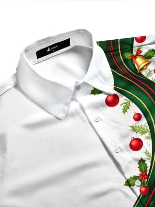 Adaychic Men's Long Sleeve Shirt - Christmas Ribbon With Bells And Ornaments Print with Chest Pocket