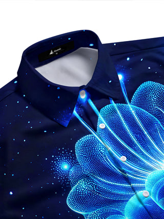 Adaychic Men's Printed Glowing Blue Lotus Print Short Sleeve Shirt with Chest Pocket