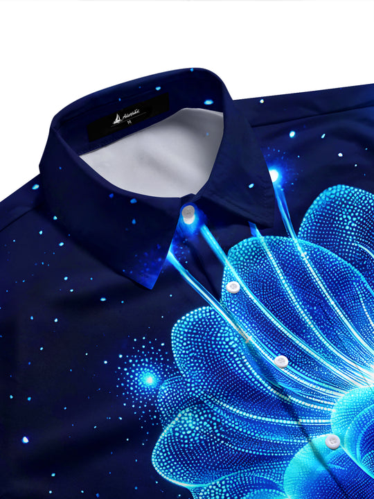 Adaychic Men's Printed Glowing Blue Lotus Print Short Sleeve Shirt with Chest Pocket