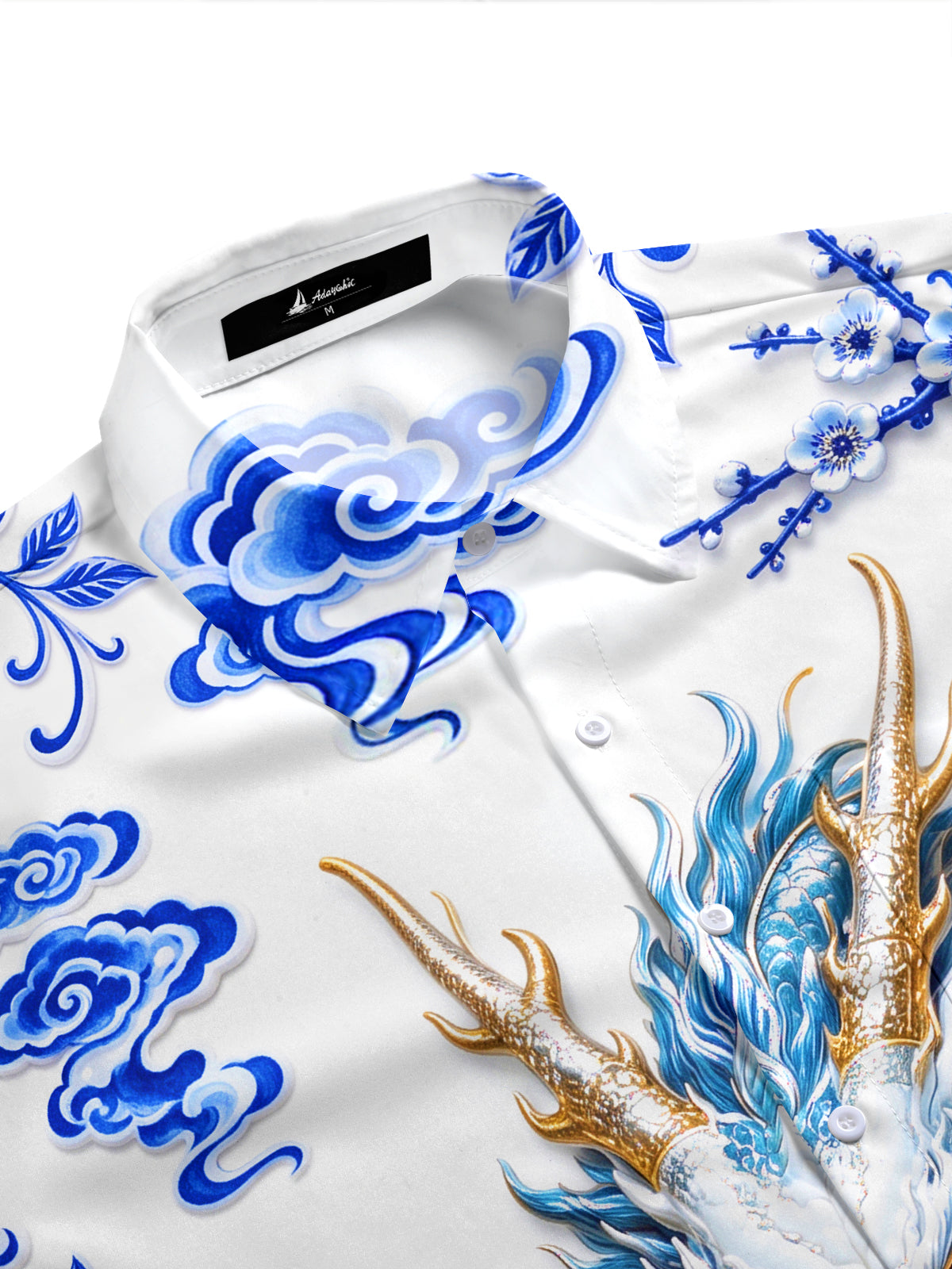 Adaychic Men's Printed Blue And White Porcelain Dragon Print Short Sleeve Shirt with Chest Pocket