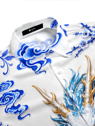 Adaychic Men's Printed Blue And White Porcelain Dragon Print Short Sleeve Shirt with Chest Pocket