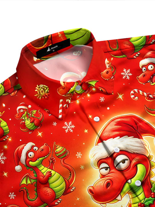 Adaychic Men's Long Sleeve Shirt - Cartoon Dragon With Santa Hat And Christmas Ornaments Print with Chest Pocket
