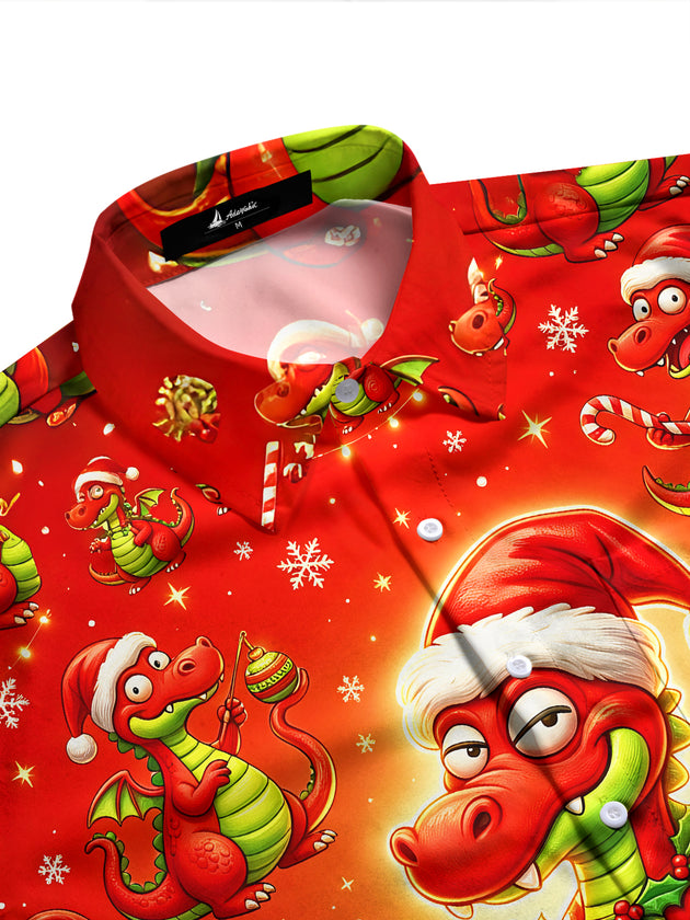 Adaychic Men's Long Sleeve Shirt - Cartoon Dragon With Santa Hat And Christmas Ornaments Print with Chest Pocket