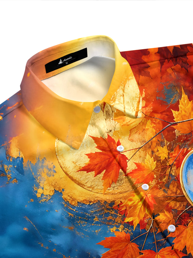 Adaychic Men's Graphic Autumn Maple Leaves Print Short Sleeve Shirt with Chest Pocket