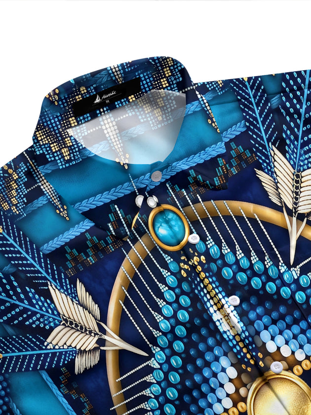 Adaychic Men's Vintage Style Feather Motif Print Short Sleeve Shirt with Chest Pocket