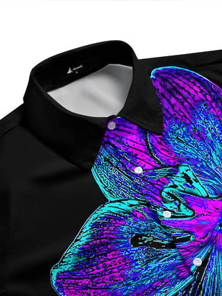Adaychic Men's Hawaiian Neon Orchid Flowers Print Short Sleeve Shirt with Chest Pocket