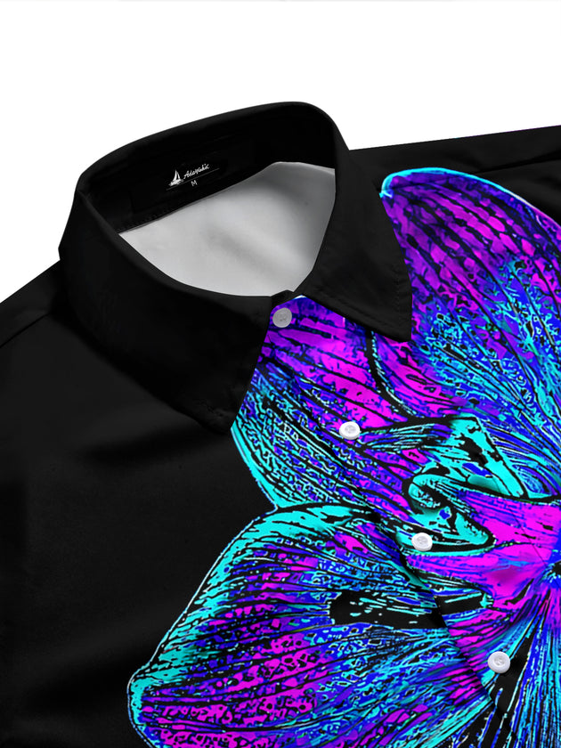 Adaychic Men's Hawaiian Neon Orchid Flowers Print Short Sleeve Shirt with Chest Pocket
