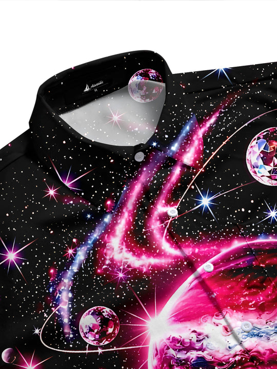 Adaychic Men's Space Galaxy With Planets And Stars Print Short Sleeve Shirt with Chest Pocket