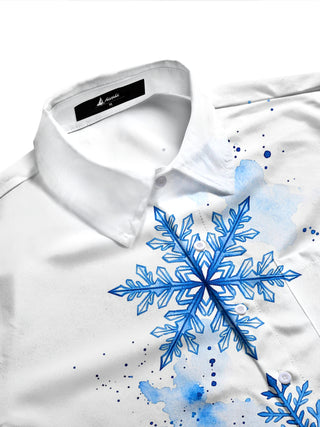 Adaychic Men's Blue Snowflakes With Watercolor Splashes Print Long Sleeve Shirt with Chest Pocket