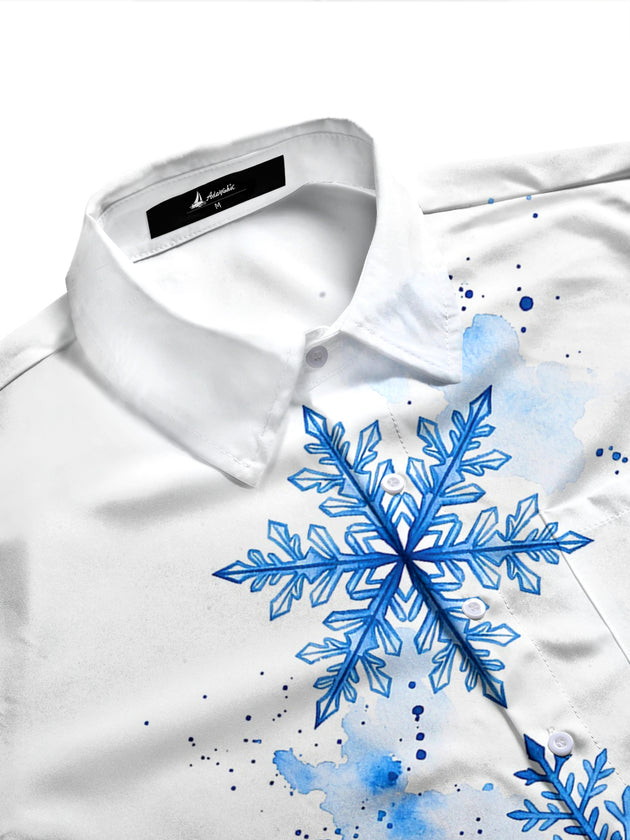 Adaychic Men's Blue Snowflakes With Watercolor Splashes Print Long Sleeve Shirt with Chest Pocket