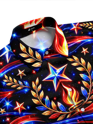 Adaychic Men's Long Sleeve Shirt - Veterans Day Patriotic Stars And Torches With Laurel Wreaths Print with Chest Pocket