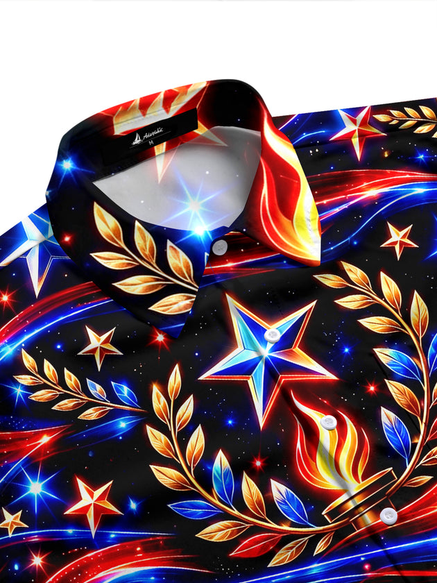 Adaychic Men's Long Sleeve Shirt - Veterans Day Patriotic Stars And Torches With Laurel Wreaths Print with Chest Pocket
