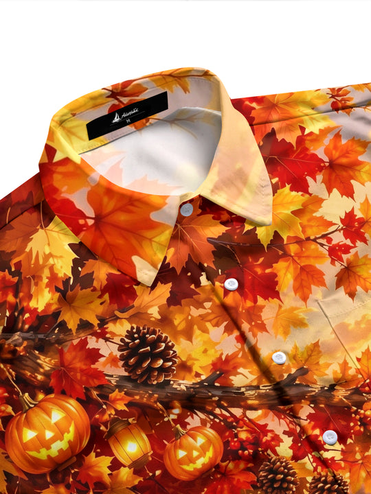 Adaychic Men's Long Sleeve Shirt - Halloween Autumn Landscape With Jack-o-lanterns And Pinecones Print with Chest Pocket