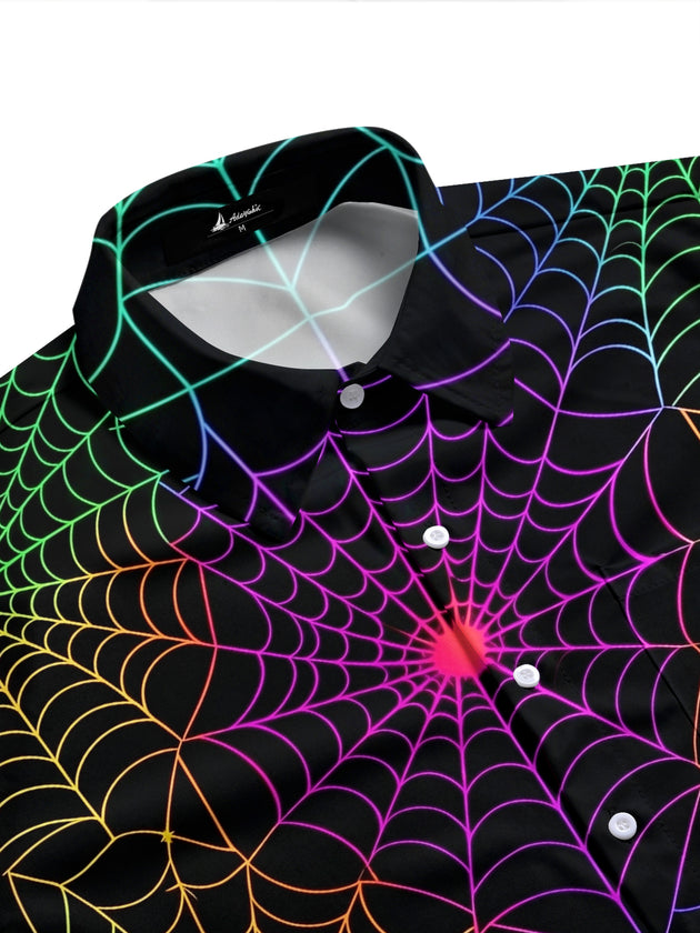 Adaychic Men's Patterned Rainbow Spider Web Print Short Sleeve Shirt with Chest Pocket