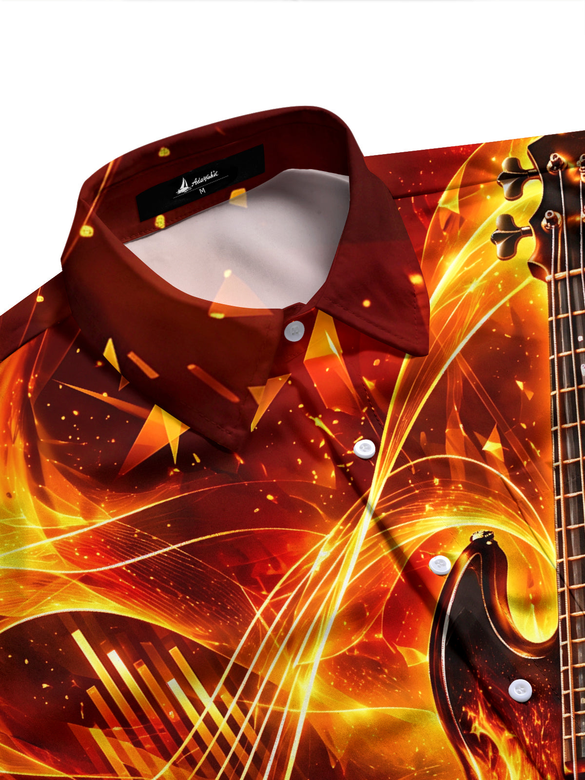 Adaychic Men's Electric Bass Guitar With Musical Waves Print Long Sleeve Shirt with Chest Pocket
