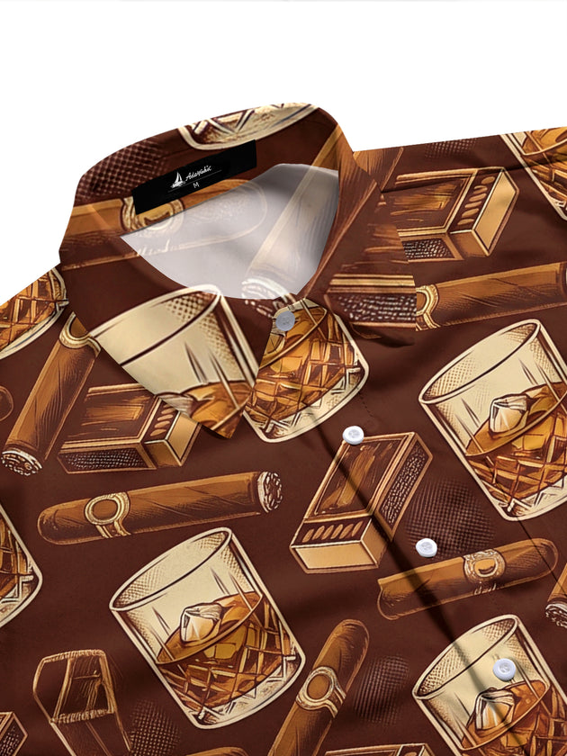 Adaychic Men's Hawaiian Whiskey Glasses With Ice Cubes Print Long Sleeve Shirt with Chest Pocket