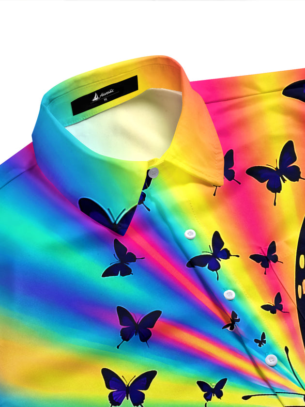 Adaychic Men's Graphic Rainbow Butterfly Print Short Sleeve Shirt with Chest Pocket
