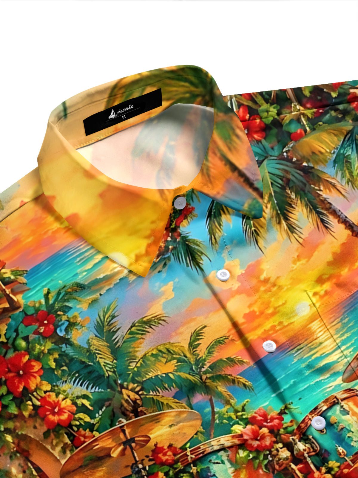 Adaychic Men's Hawaiian Drum Set And Tropical Sunset Print Long Sleeve Shirt with Chest Pocket