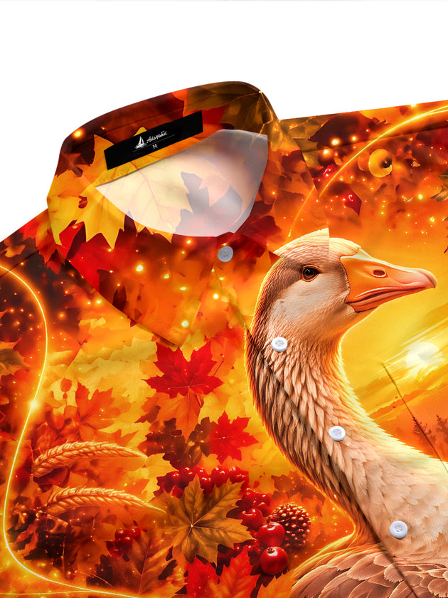 Adaychic Men's Short Sleeve Stand Collar Shirt - Thanksgiving Goose And Autumn Harvest Print with Chest Pocket