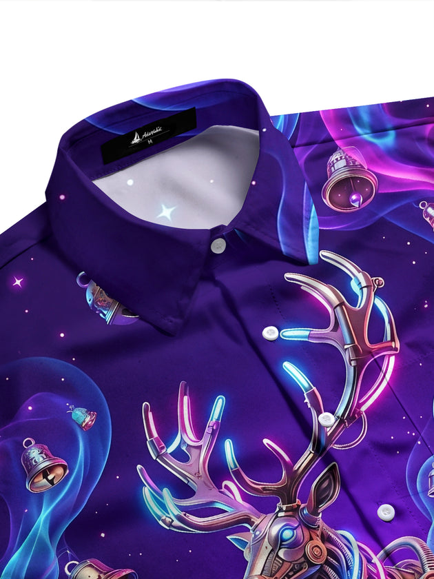 Adaychic Men's Long Sleeve Shirt - Cyberpunk Mechanical Reindeer And Christmas Bells Print with Chest Pocket
