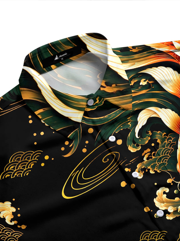 Adaychic Men's Hawaiian Koi Fish And Waves Print Long Sleeve Shirt with Chest Pocket