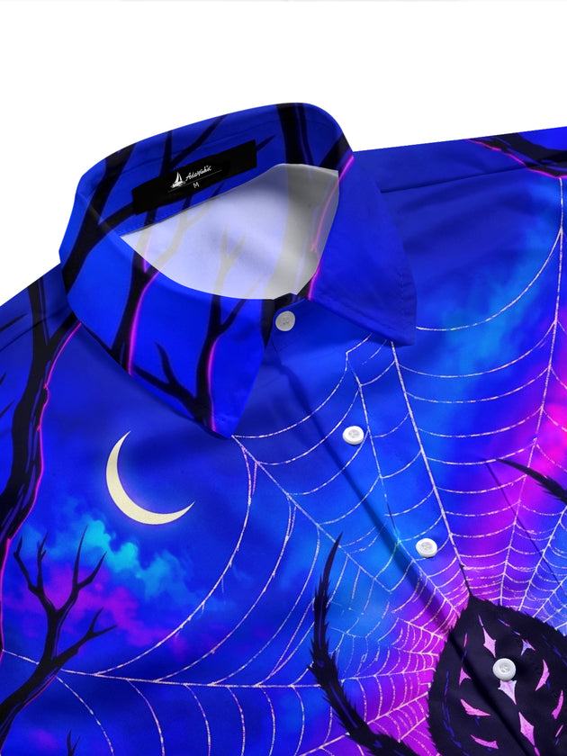 Adaychic Men's Hawaiian Spider And Spider Web Print Short Sleeve Shirt with Chest Pocket
