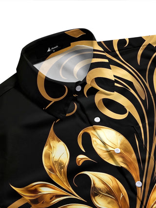 Adaychic Men's Gold Baroque Scroll And Leaf Pattern Short Sleeve Shirt with Chest Pocket