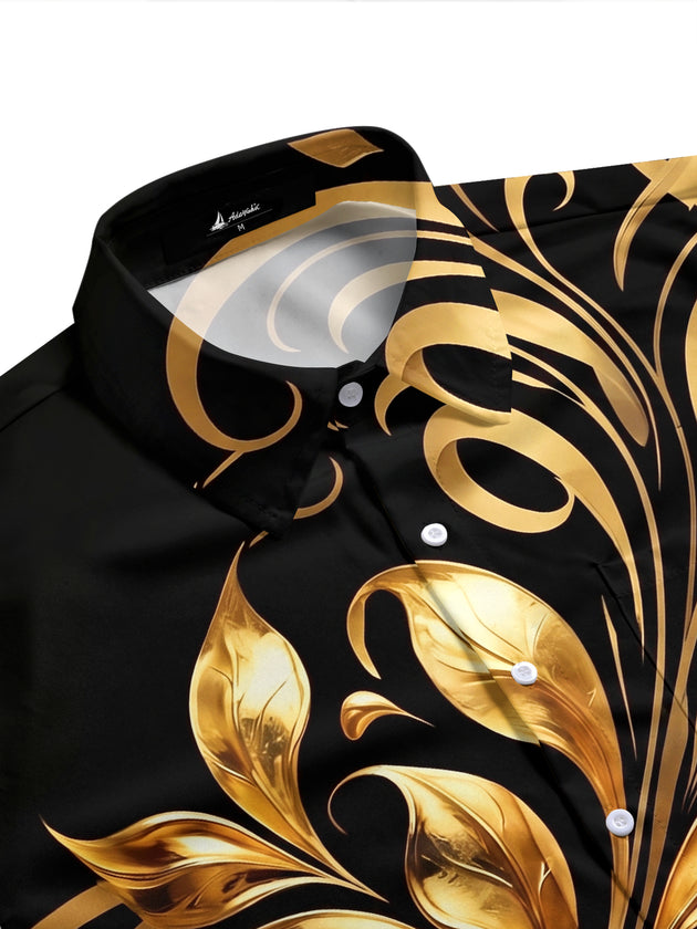 Adaychic Men's Gold Baroque Scroll And Leaf Pattern Short Sleeve Shirt with Chest Pocket