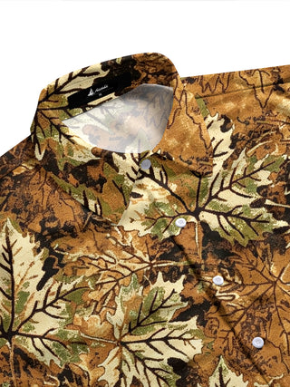Adaychic Men's Printed Maple Leaf Camouflage Print Long Sleeve Shirt with Chest Pocket