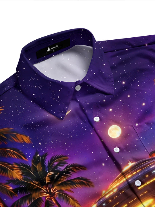 Adaychic Men's Hawaiian UFO Night Sky Print Palm Trees Print Long Sleeve Shirt with Chest Pocket